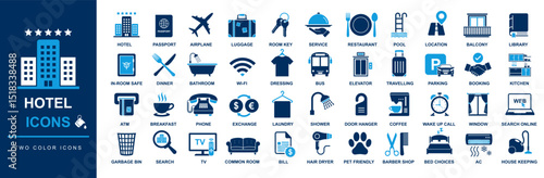 hotel element and service icon set. travelling, trip, adventure, vacation, staying, luxury, relaxation, service, lifestyle journey, holiday, tourism, tourist etc concept. eps two color icon with names