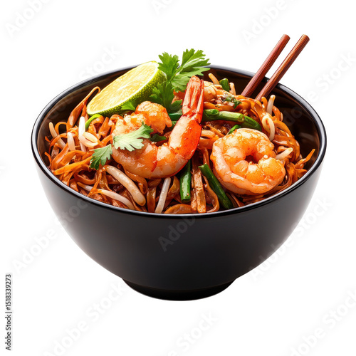 a bowl of asian inspired noodles, prawns, and fresh greens is set against a black background. the dish features noodles, prawns, and various vegetables. chopsticks rest on top of the bowl