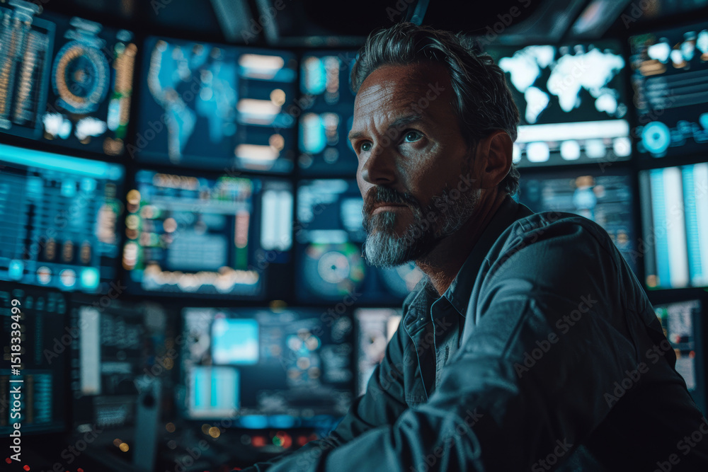 A focused man monitors multiple data screens in a high-tech control room filled with digital information and maps. A focused man monitors multiple data screens in a high-tech control room filled with digital information and maps.