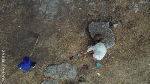 Children playing in the park, aerial view, drone