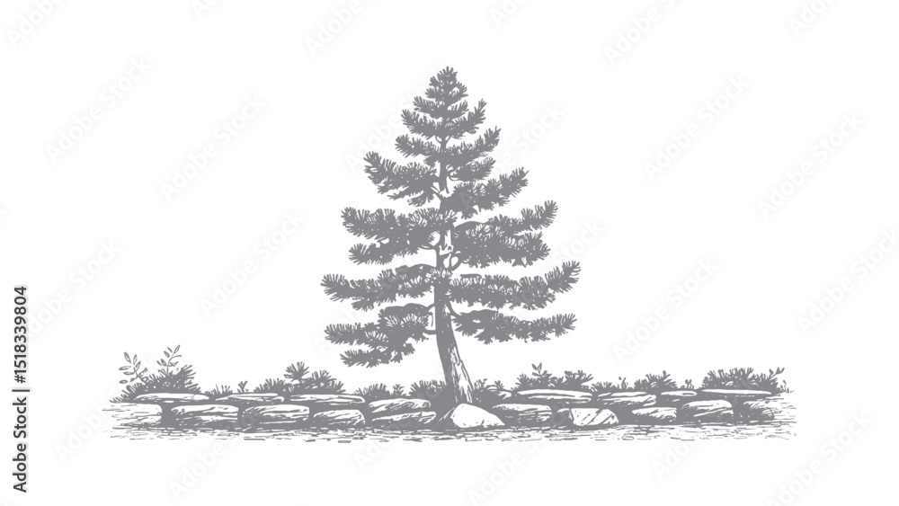 Fototapeta premium Pine Tree and Stone Wall Illustration Hand-drawn illustration