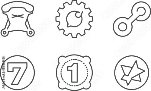 A collection of six line art icons including a phone, gear, chain, number seven, number one, and star