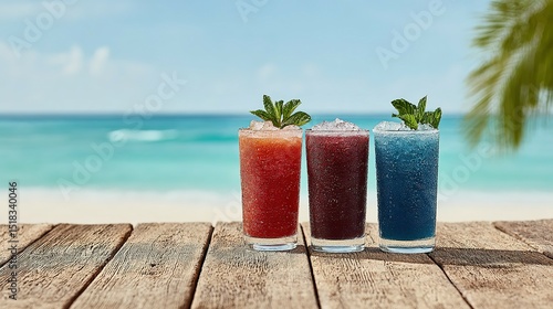 Colorful cocktails on a beachside wooden table.