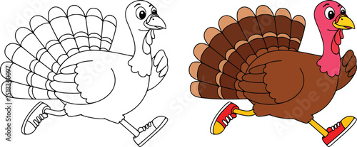 Cheerful cartoon turkey with red shoes and playful expression, running in fun thanksgiving holiday illustration