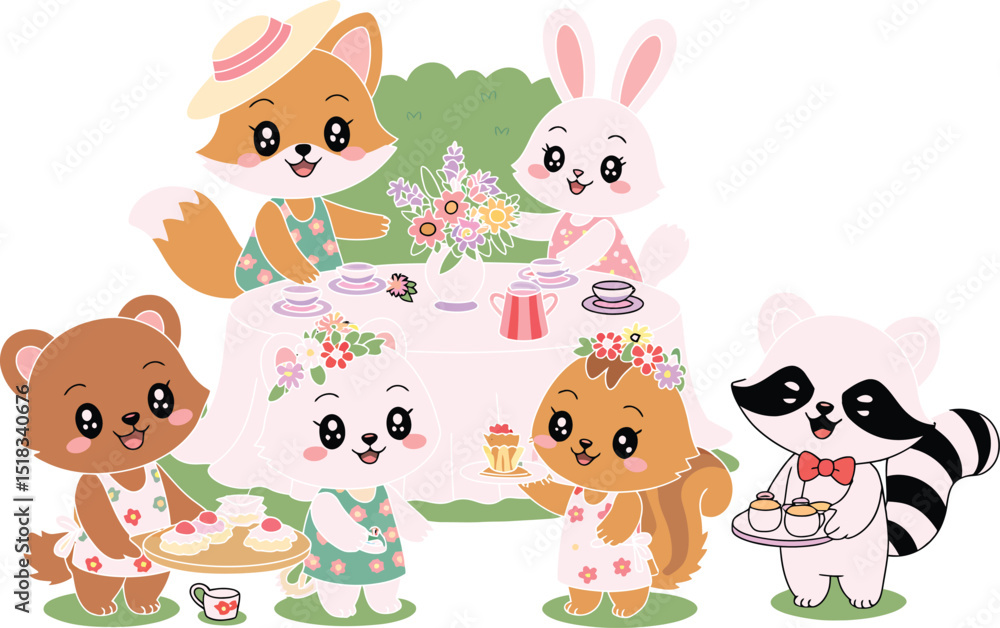 Cartoon Animals Having a Tea Party in a Garden Setting with a White Tablecloth Cartoon Animals Having a Tea Party in a Garden Setting with a White Tablecloth