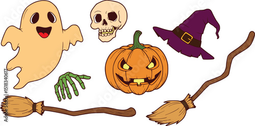 Playful ghost, jack-o'-lantern, skull, broomsticks & purple witch hat halloween set illustration