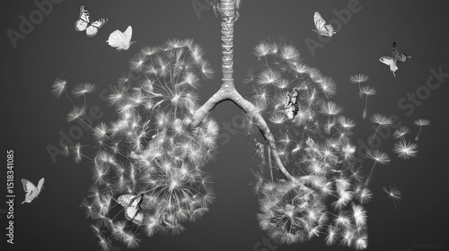 Digital X-ray artwork of lungs filled with dandelion seeds and butterflies in flight