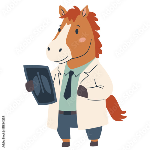 Cute horse in doctor's suit holding x-ray on white background. Flat vector illustration in simple children's style . Vector illustration