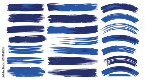 Various Blue Paint Brush Strokes And Lines On White Background Design