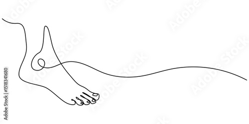 Continuous one line art drawing of bare foot in simple style and outline vector art illustration, Barefoot human footprint drawn in one continuous editable line. Diagonal track of barefoot footprint.