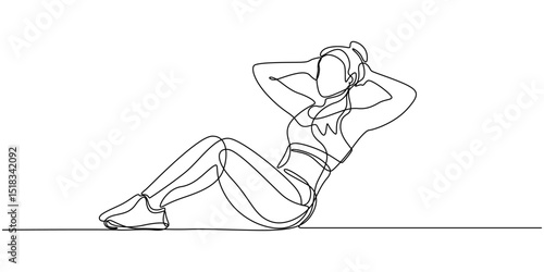 Young female working with fitness ball, One continuous line drawing of young sporty woman working out lying sit up on the floor in fitness gym club center. Healthy fitness sport concept. Dynamic