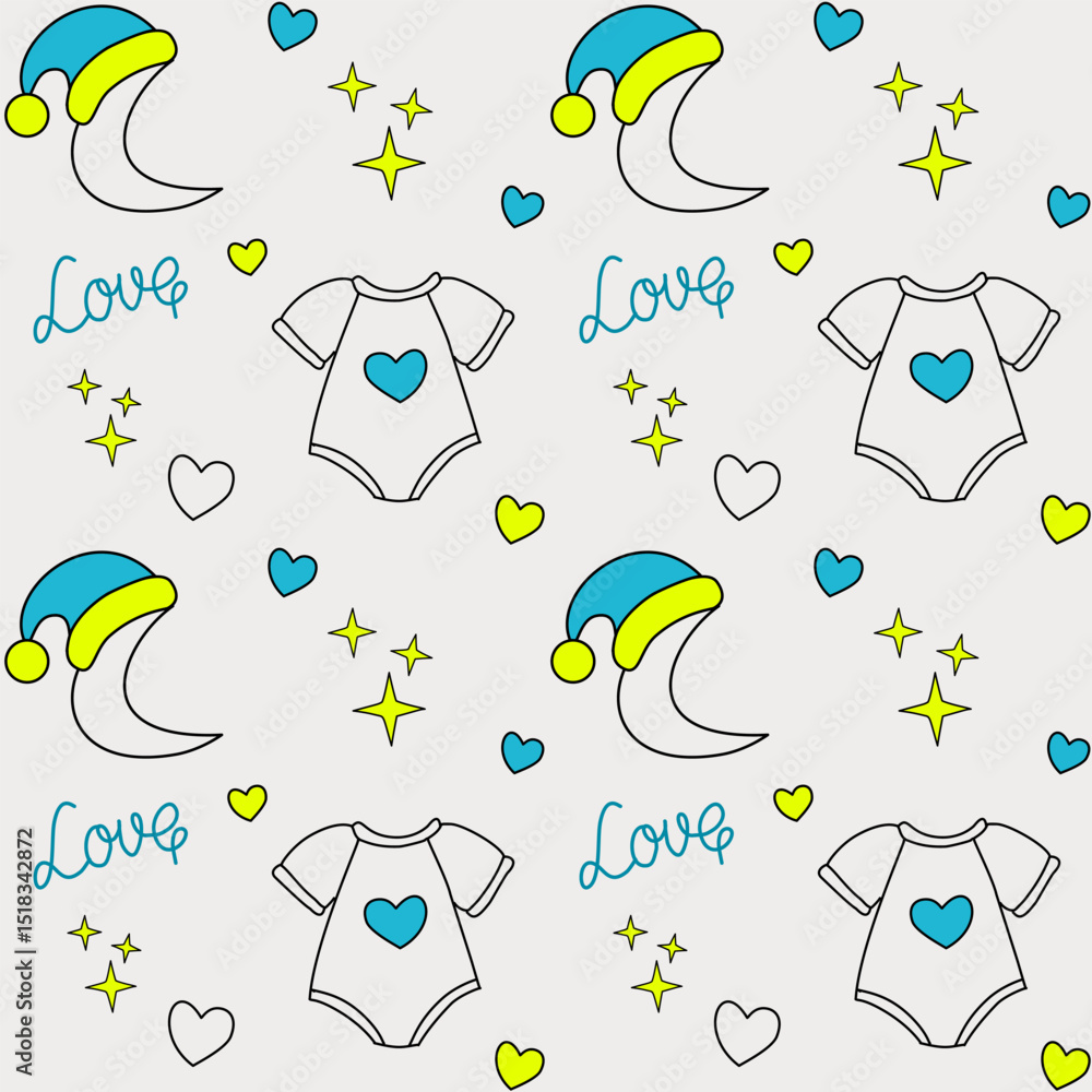 Naklejka premium Cute seamless vector pattern for New Year with baby bodysuits, crescent moons in Santa hats, hearts, stars, and the word “Love.” Ideal for holiday baby products.