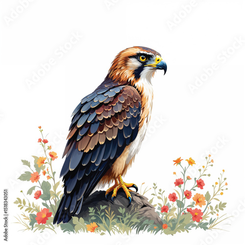 Hawk isolated on white background, a majestic bird of prey with sharp talons and piercing eyes