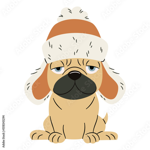 Cute disgruntled bulldog sitting in an ushanka hat. Flat vector illustration in simple children's style . Vector illustration