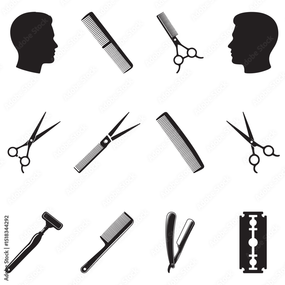 Obraz premium Premium Barber Shop Tools Vector Collection – Scissors, Combs, Razors & Spray Bottles in Silhouette Style . Thank You .