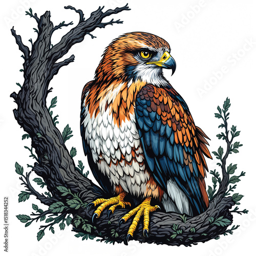 Hawk isolated on white background, a majestic bird of prey with sharp talons and piercing eyes
