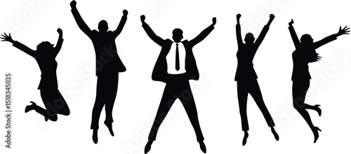 Business people jumping for victory vector silhouette illustration.
