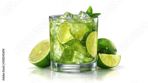 Refreshing lime cocktail with ice and mint in a glass