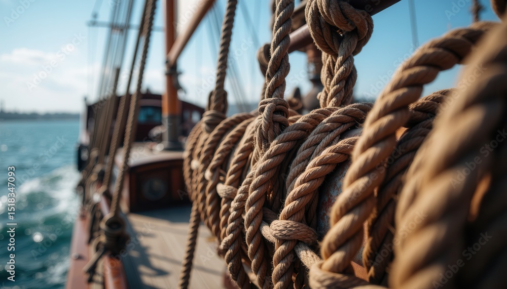 Obraz premium Sailing ropes in focus on historic ship deck