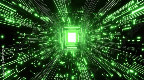 Digital circuit tunnel with glowing green lines.