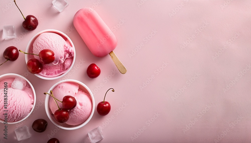 Summer concept. Top view of pink icecreams in cups, pink popsicles and red cherries and ice cubes on pale pink background. Generated image Summer concept. Top view of pink icecreams in cups, pink popsicles and red cherries and ice cubes on pale pink background. Generated image