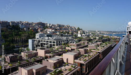 Canvas Print Istanbul, Turkey - Galataport waterfront in Karakoy with a view of the city skyl