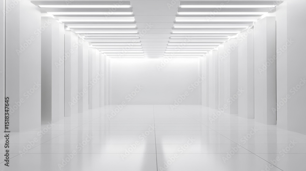 Obraz premium Modern Minimalist Bright Clean Hallway Interior with Polished Tile Flooring and White Walls