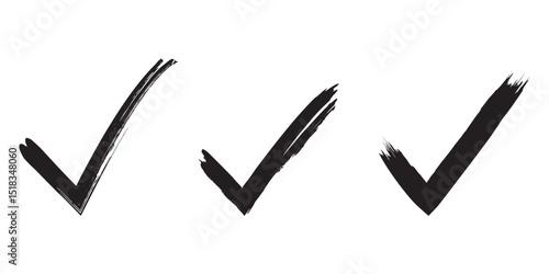 Set of check marks drawn with brush strokes. Approval symbol. Black check mark symbol on isolated background. Vector.