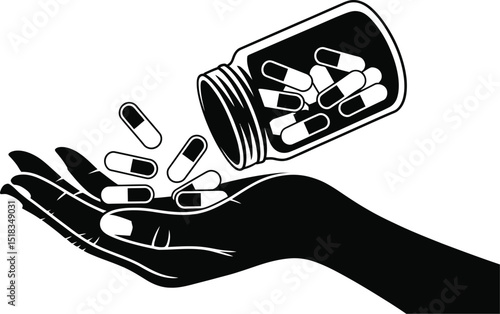 A black and white illustration of a hand catching pills falling from an open medicine bottle image art