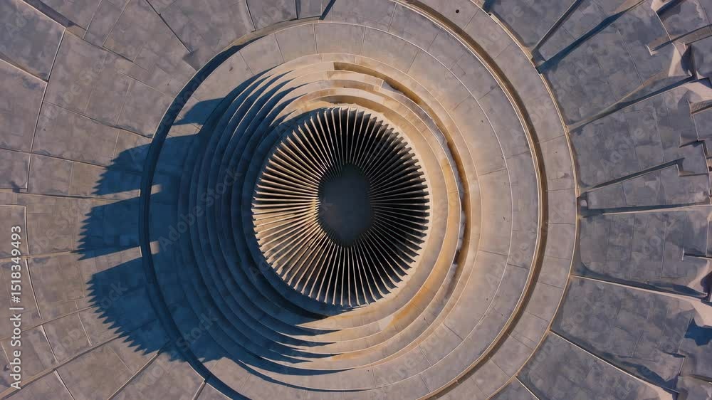 Symmetrical aerial view of circular architectural monument with spiral pattern in desert landscape, evoking precision, scale, and artistic landform design Symmetrical aerial view of circular architectural monument with spiral pattern in desert landscape, evoking precision, scale, and artistic landform design