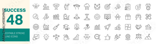 Success icon set. Containing growth, profit, achievement, awards, victory, handshake, career, successful, strategy, winner, goal and more. Editable line icons. Vector illustration.