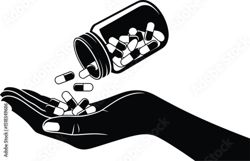 Black and white graphic of a hand receiving pills from a tilted medicine bottle with capsules falling