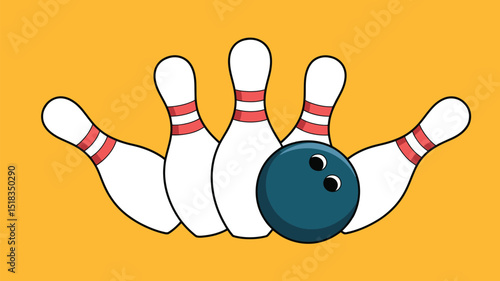 Illustration of five bowling pins with red stripes and a dark blue bowling ball on a yellow background