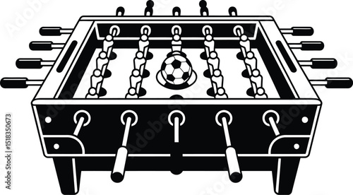 A black and white illustration of a foosball table with players and a soccer ball in the center area