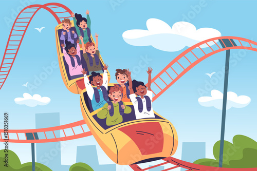Kids roller coaster. Children ride on rollercoaster, excited boy girl in amusement park happy thrill emotion riding extreme attraction high speed rail classy vector illustration