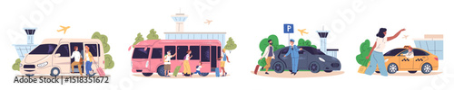 Airport transfer. Car van taxi waiting tourist at terminal, bus transport arrive passengers to hotel after plane flight, travel trip ride cab service classy vector illustration