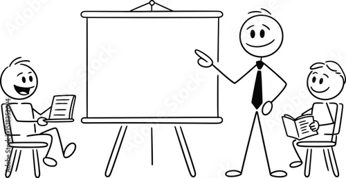 Stick figures in a presentation setting with a presenter and two attendees in black and white art