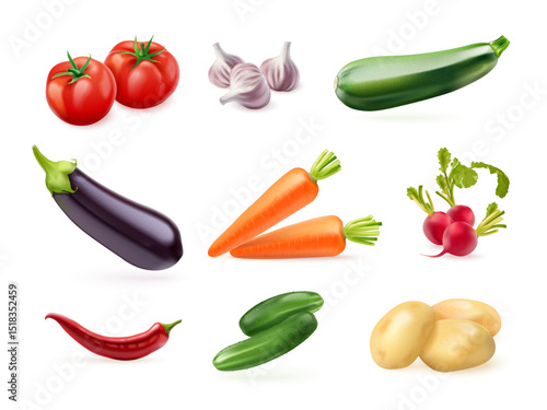 Realistic vegetables. 3d isolated vegetable, grocery agriculture food potato carrot tomato eggplant cucumber farm market cooking menu vegan diet nutrition exact vector illustration
