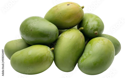 Pile of green mangoes. In the context of a stock photo site, this image depicts fresh, unripe mangoes as a food item.

