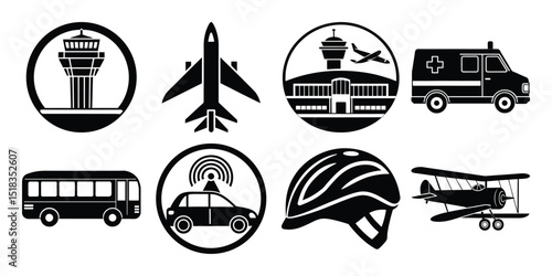 Transportation, vehicle icon set. Vector glyph pictograms of travel, logistics, public transit concepts, car, train, bus, bicycle, boat, and airplane black silhouette illustration