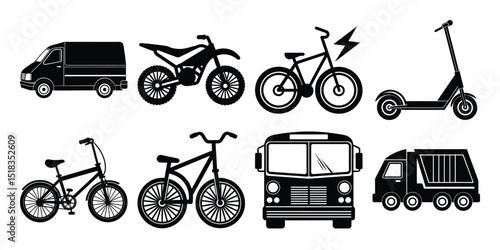 Transportation, vehicle icon set. Vector glyph pictograms of travel, logistics, public transit concepts, car, train, bus, bicycle, boat, and airplane black silhouette illustration