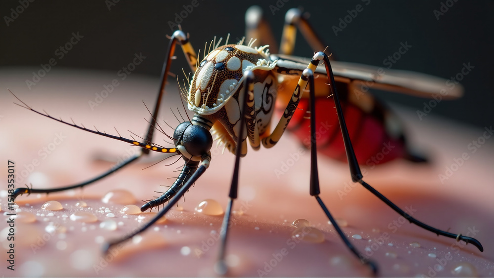 Fototapeta premium A close-up, detailed image of a mosquito, showcasing its features and highlighting its role as a vector for diseases.