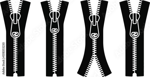 A graphic illustration of four black zippers in various states of closure on a white background