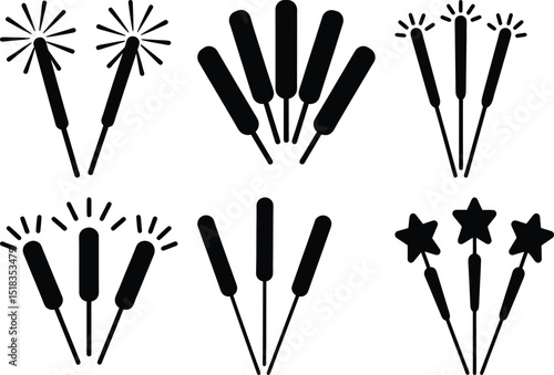 Collection of sparklers and firecrackers in various designs, black silhouette on white