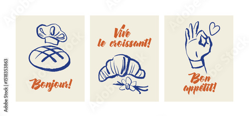 Hand drawn bakery banner set Vintage croissant and bead sketch vector illustrations