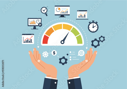 Flat Vector showing a performance meter hovering above two hands, with the meter needle pointing towards the yellow section. Around the meter are several icons symbolizing aspects like data analysis, 