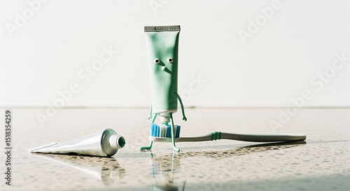 Toothpaste Tube Character with Toothbrush on Polished Surface