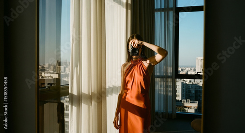 Woman in Orange Dress Taking Self-Portrait with Vintage Camera by Window