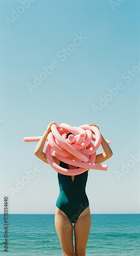 Woman in swimsuit obscuring her face with pink pool noodles at the beach