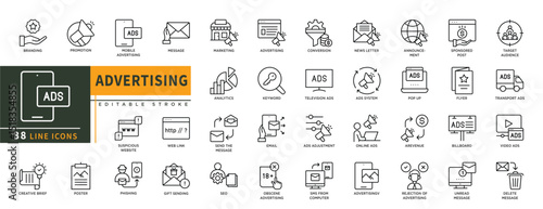 Minimalist Advertising line icons set with editable stroke, featuring branding, promotion, mobile advertising, message, marketing, conversion, news letter, keyword, analytic. thin linear illustration.